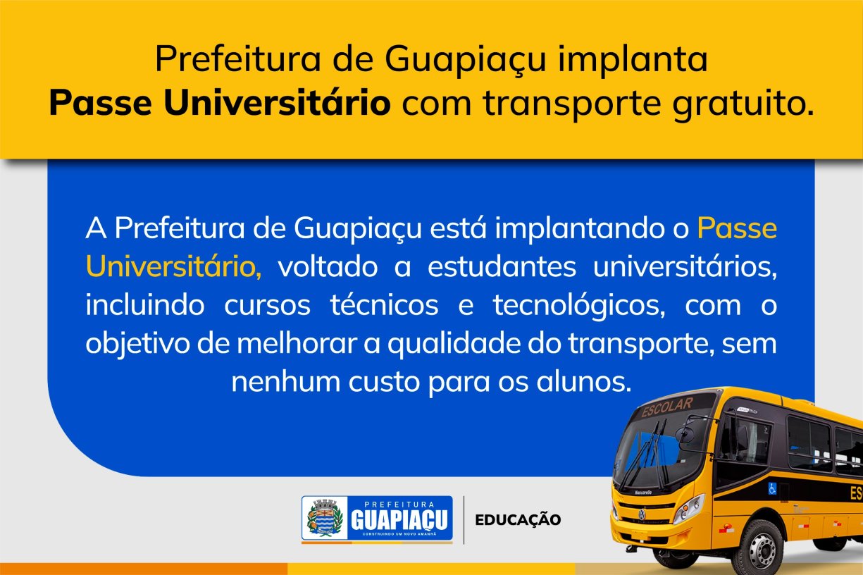 Prefeitura de Guapiaçu implanta Passe Universitário com transporte gratuito.